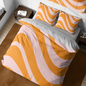 70-tals retro vågigt sängkläderset, orange och rosa vintage påslakan, hippie estetiskt groovy överkast, boho king size queen size sovsal sängkläderset komplett