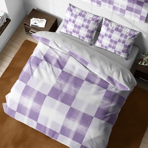 Abstract Gingham Textured Check Bedding, Purple Checkered Plaid Duvet Cover, Cute Aesthetic Quilt Cover, Queen King Girly Bedding Set Full