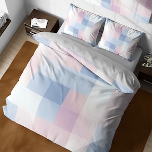 Light Geometric Pastel Squares Bedding, Abstract Cubic Checkerboard Duvet Cover, Cute Aesthetic Mosaic Quilt Cover, Queen King Bedding Set