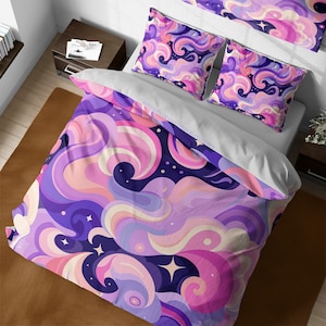 Colorful abstract swirls bedding set, magical wavy cartoon clouds duvet cover, colorful bedspread, aesthetic duvet, full king queen bedding