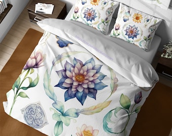 Lotus Botanical Wreath Flowers Bedding Set, Vintage Watercolor Succulent Floral Duvet Cover, Whimsy Boho Botanical King Queen Dorm Bedspread