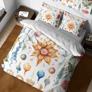 Vintage Sunflower Mandala Bedding Set, Whimsical Watercolor Floral Duvet Cover, Kids Magical Room Decor, Boho King Queen Bedding Set Full