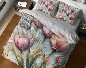 Juego de funda de edredón con diseño floral de tulipanes vintage en violeta polvoriento, edredón con diseño de flores silvestres botánicas antiguas, juego de cama tamaño king y queen