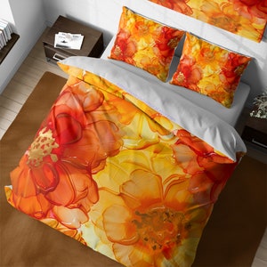 Abstract Sunflower Watercolor Floral Duvet Cover Set, Alcohol Ink Red Orange Flowers, Autumn Wildflowers Duvet Aesthetic, Queen King Bedding