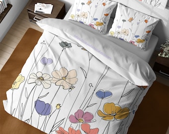 Colorful Minimalist Spring Meadow Flowers Duvet Cover Set, Modern Line Art Bedding, Floral Art Comforter Cover, King Queen Bedding Set Full