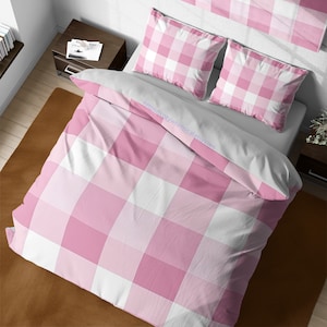 Pastel Pink Gingham Check Bedding, Checkered Plaid Duvet Cover Set, Cute Aesthetic Quilt Cover, Queen King Check Girly Bedding Set Full