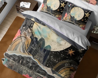 Mystic Super Moon & Stars Cityscape Bedding Set, Mid Century Goth Room Decor, Vintage Artistic Duvet Cover, Full King Queen Dorm Bedding Set