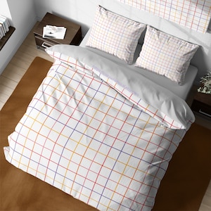 Vibrant Rainbow Grid Check Bedding, Plaid Duvet Cover Set, Aesthetic Gingham Bedding, Cute Quilt Cover, Kids Room, Full Queen Bedding Set