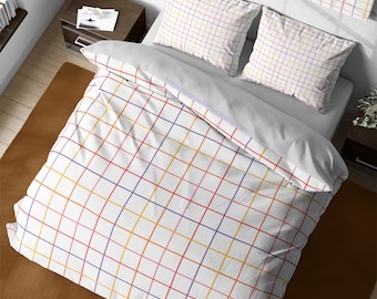 Vibrant Rainbow Grid Check Bedding, Plaid Duvet Cover Set, Aesthetic Gingham Bedding, Cute Quilt Cover, Kids Room, Full Queen Bedding Set