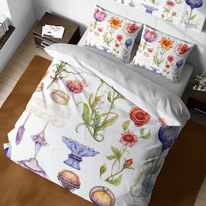 Mystic Victorian Magical Flowers Bedding Set, Vintage Watercolor Wildflowers Botanical Duvet Cover, Kids Fantasy Duvet, Magical Room Decor