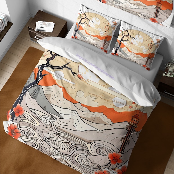 Retro boho beige and orange sunrise bedding set, japanese ukiyo-e art style, sakura tree girly duvet cover, japanese blossoms decoration