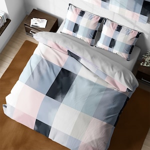 Multi Color Gingham Check Bedding, Textured Geometric Squares Duvet Cover, Plaid Aesthetic Quilt Cover, Queen King Check Bedding Set Full