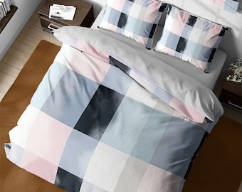 Multi Color Gingham Check Bedding, Textured Geometric Squares Duvet Cover, Plaid Aesthetic Quilt Cover, Queen King Check Bedding Set Full