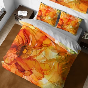 Watercolor Sunflowers Abstract Floral Duvet Cover Set, Orange Flowers Aesthetic,  Sunflower Lover, Wildflowers Duvet, Queen King Bedding