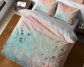 ブルー - ピンクの花柄寝具セット - シングル掛け布団カバー、フィット
