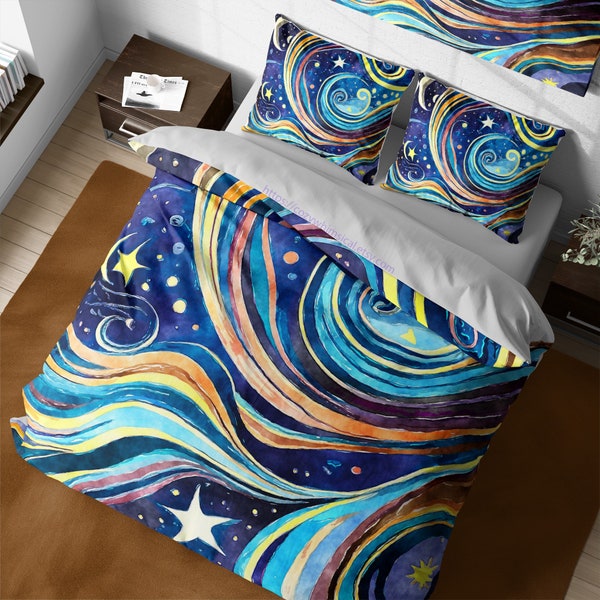 Whimsical Swirls Navy Night Sky Cotton Duvet Cover Set, Blue Starry Night Zipper Bedding, Cosmic Space Night Vibes, Kids Full Space Bed Cove