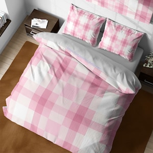 Pink Abstract Gingham Check Bedding, Gradient Checkered Plaid Duvet Cover, Cute Aesthetic Bedspread, Queen King Girly Check Bedding Set Full