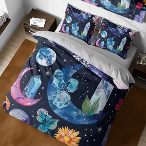 Vintage Hippie Celestial Moonlight Bedding Set, Boho Floral Geometric Gem Crystals & Stars Duvet Cover, Astronomy Space Galaxy Bedroom Decor