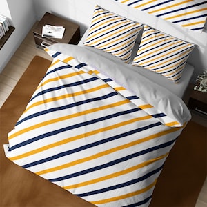 Marine- und Gelb-diagonal gestreiftes Bettwäsche-Set, Vintage-Streifen-Bettbezug für Jungen, beidseitig verwendbare Tagesdecke, King Queen Twin Dorm Bettwäsche-Set voll