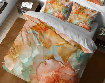 Vintage Watercolor Flowers Duvet Cover Set, Abstract Autumn Wildflowers Duvet Aesthetic, Floral Quilt Cover Queen King Dorm Bedding Set Full