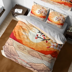 Golden sunrise japanese ukiyo-e art style bedding set, cherry blossoms & sakura tree bedspread, girly bedroom, japanese blossom decoration