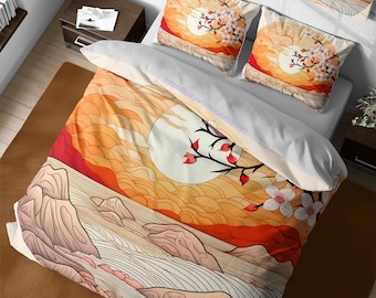 Golden sunrise japanese ukiyo-e art style bedding set, cherry blossoms & sakura tree bedspread, girly bedroom, japanese blossom decoration