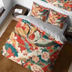 Mystical Crane Japanese Bedding Set,  Oriental Bird Duvet Cover Colorful Quilt Cover, Red Girly Bedroom Floral Bedspread, Unique Bed Cover