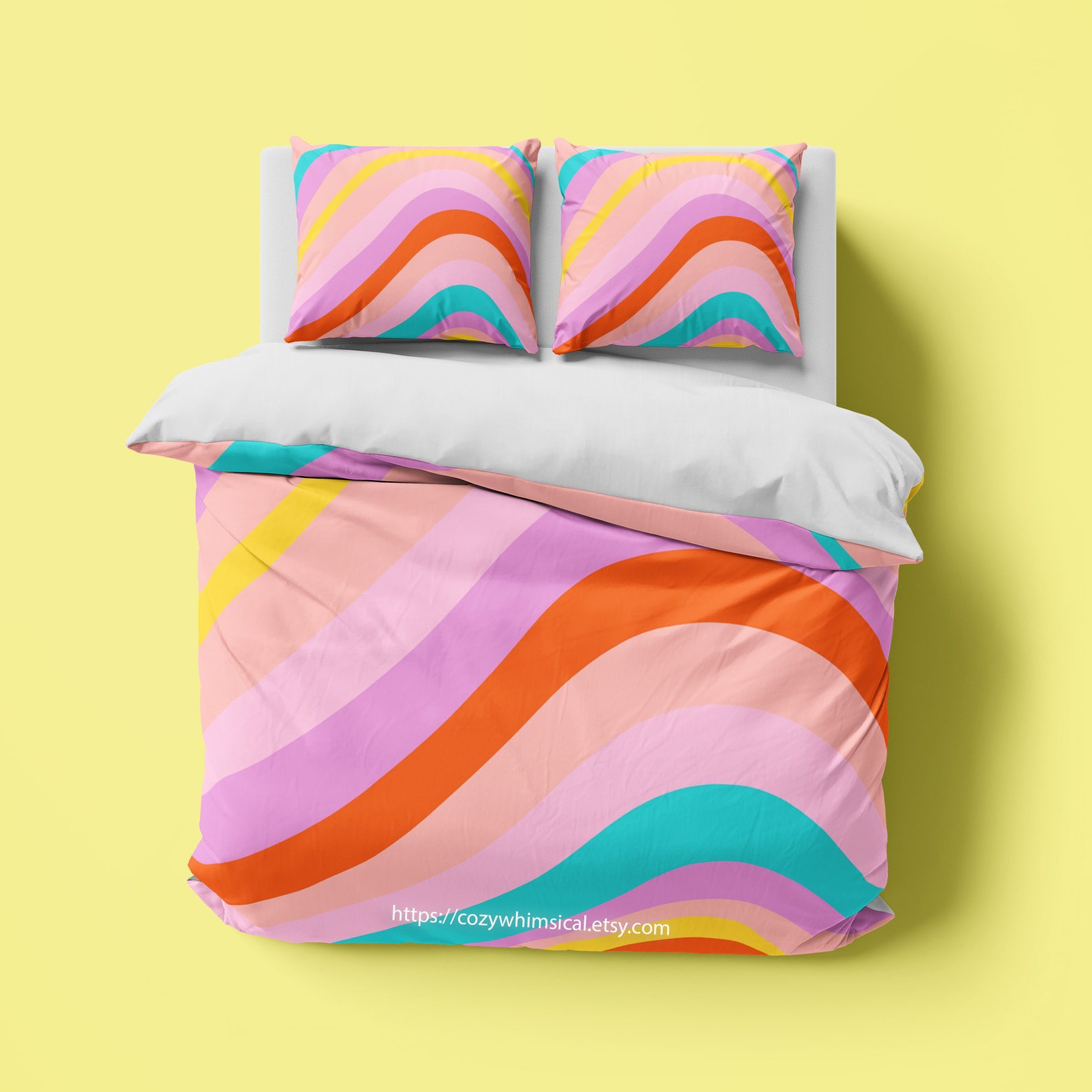 Retro Rainbow Groovy Style Colorful Bedspread, Hippie Waves Bedding
