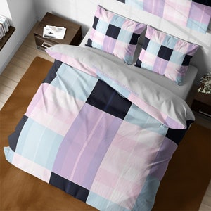 Textured Geometric Squares Bedding, Multi Color Plaid Checkered Duvet Cover, Aesthetic Quilt Cover, Queen King Check Bedding Set Full