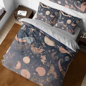 Abstract Galaxy Cotton Bedding, Fantasy Animals Duvet Cover Set, Reversible Blue Bed Cover, Quilt Cover, Zipper Bedding
