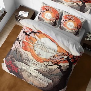 Retro japanese sunset orange bedding, vintage cherry blossoms landscape, sakura trees duvet cover, home decor, japanese blossom decoration