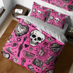 Gothic Cotton Bedding, Punk Duvet Cover Set, Emo Bedroom Decor, Pink Black Reversible Bed Cover, Skull Hearts Design, Goth Dorm Room
