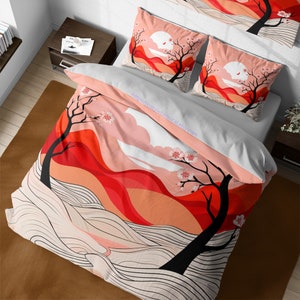 Boho chic minimalist japanese bedding set, cute pink cherry blossoms aesthetic duvet cover, girly room decor, japanese blossom decoration