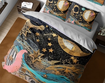 Vintage Gold Astrology Horoscope Bedding Set, Witchy Whimsigoth Decor, Celestial Bedspread, Whimsical Duvet Cover, Boho King Queen Bedding