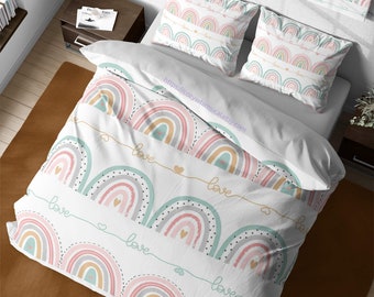 Juego de funda nórdica de algodón con diseño de arcoíris a rayas, ropa de cama acogedora con cremallera, funda de edredón boho, colcha reversible, ropa de cama para niños pequeños, dormitorio principal