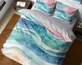 Conjunto de cama abstrato e sonhador com ondas de galáxias, capa de edredom colorida e estética, capa de edredom de praia boho, colcha completa king queen twin
