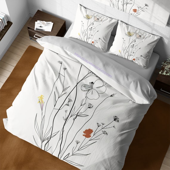 Modern Line Art Minimalist Bedding Set, Wildflowers Garden Botanical Bedding, Floral Comforter Cover, Flowers Meadow, King Bedding Set