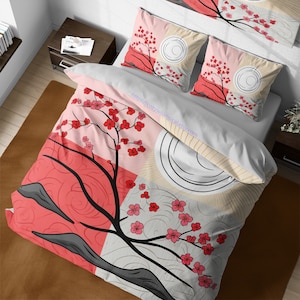 Contemporary abstract japanese collage bedding set, aesthetic cherry blossoms duvet cover, girl room decor, japanese blossom decoration