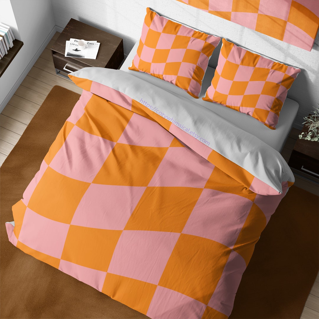 Rosa und Orange Y2k karierte Bettwäsche, Retro 90er Jahre Nostalgie Groovy Schachbrett Ästhetischer Bettbezug, Königin König Schachbrett Karo Bezug