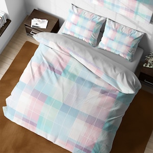 Aesthetic Blue Pink Plaid Bedding Set, Pastel Geometric Squares Duvet Cover, Cute Gingham Colorful Bedspread, Chess Board, Checkered Bedding