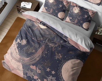 Galaxy Moon Bedding Cotton Duvet Cover Set, Celestial Zipper Bedding, Cosmic Quilt Cover, Vintage Reversible Bed Cover, Gothic Bedroom