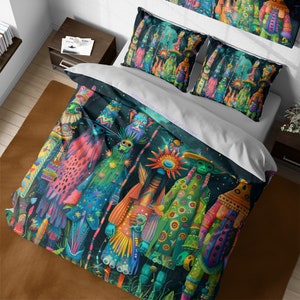 May include: A colorful duvet cover with a dark blue background featuring a pattern of whimsical figures wearing masks and costumes. The figures are arranged in a vertical line and are surrounded by green foliage.