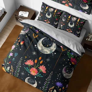 Witchy Celestial Black Crescent Moon Bedding Set, Moonlight Garden Boho Floral & Stars Galaxy Bedspread, Night Sky, Dark Cottagecore Bed