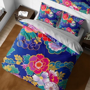 Ultramarine Blue Japanese Bedding Set Cotton Duvet Cover, Fuchsia Plum Blossom Floral Bedding, Retro Quilt Cover Reversible Bedding