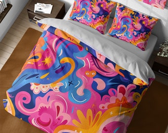 Moderne hedendaagse abstracte kunst wervelt beddengoedset, kleurrijke, levendige kleuren dekbedovertrek, schattige dekbedsets, dekbedovertrek, kingsize sprei