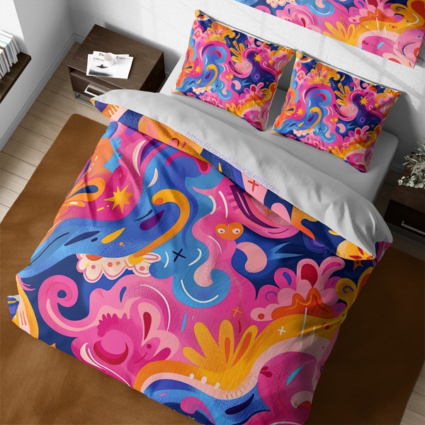 Modern contemporary abstract art swirls bedding set, colorful vivid colors quilt cover, cute duvet sets, bed comforter cover, king bedspread