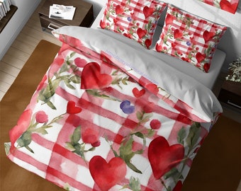 Watercolor Vintage Floral Hearts Checkered Duvet Set, Red Gingham Cotton Bedding Set, Cute Plaid Quilt Cover, Queen King Twin Duvet Cover