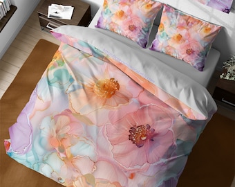 Cute Tie Dye Flowers Duvet Cover Set, Pastel Colors Floral Duvet Cover, Boho Chic Aesthetic Girl Bedding, King Queen Dorm Bedding Set Full