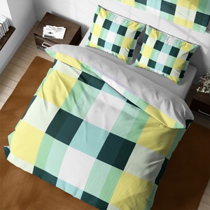 Gingham Green and Yellow Check Bedding, Plaid Duvet Cover Set, Checkered Zipper Bedding, Cute Quilt Cover, Full Queen King Check Bedding Set
