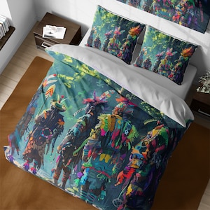 May include: A colorful duvet cover featuring a group of five figures in traditional Native American attire. The figures are depicted in a stylized, abstract style with vibrant colors and intricate patterns. The background is a dark blue with hints of green and white.